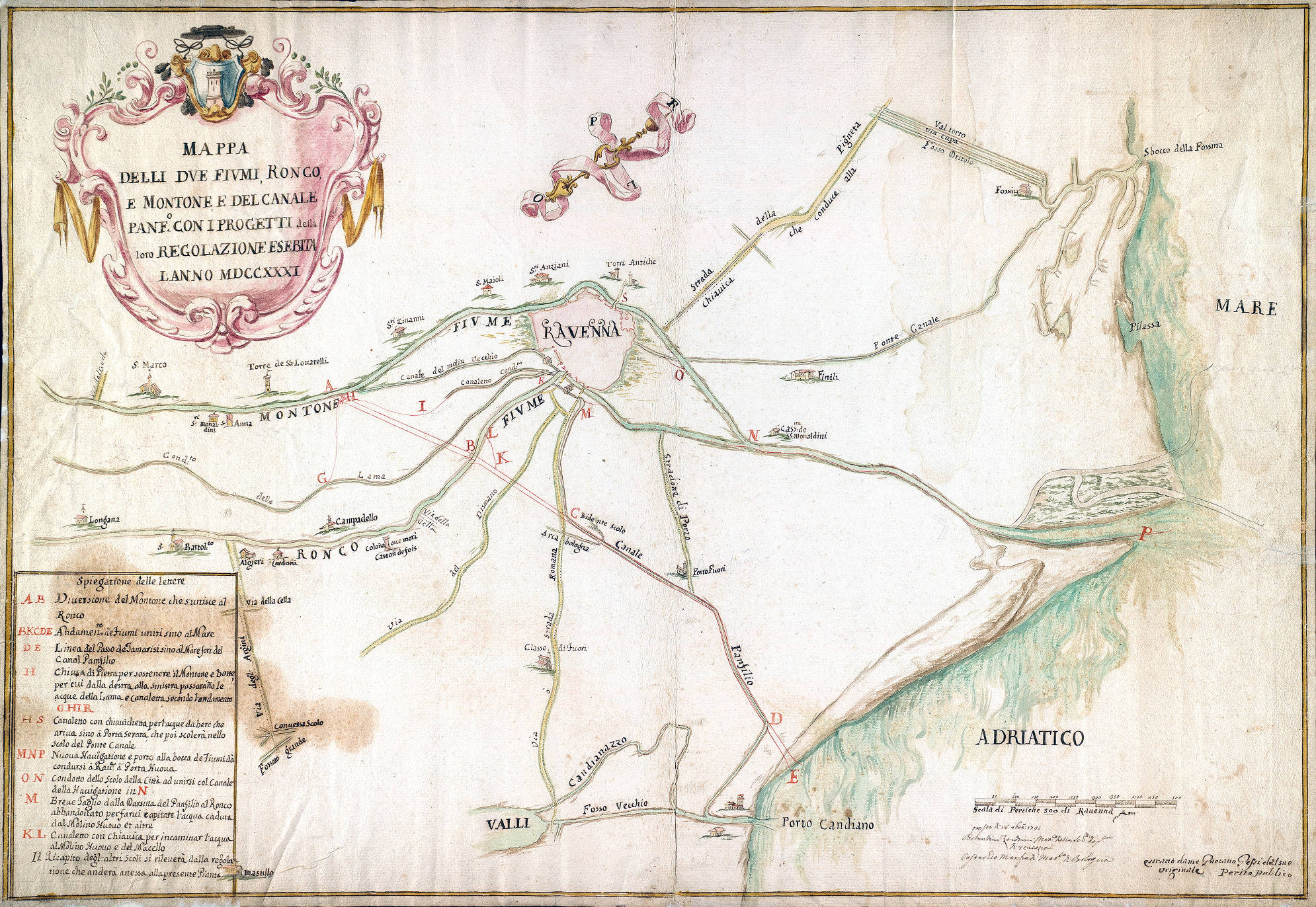 Mappa delli due fiumi Ronco e Montone e del Canale Panfilio con i progetti del di loro regolamento proposto l'anno 1731
autori: Bernardino Zendrini e Eustachio Manfredi
autore secondario: Tommaso Zelingher
data: 1731
