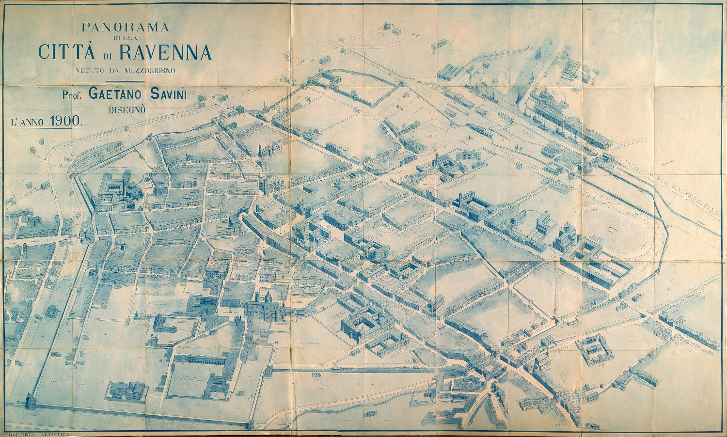 Panorama della città di Ravenna veduto da Mezzogiorno
autore: Gaetano Savini
data: 1900
contenuta in: G. Savini, Piante panoramiche